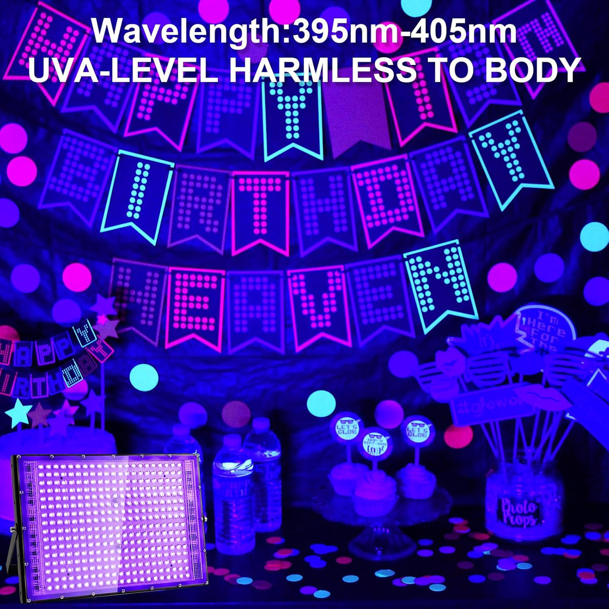 2 Pack 300W Black Lights, Blacklight Flood Light with Plug and Switch,for Glow Party, Black Light Party, Halloween, Body Paint, Neon Glow, Fluorescent Poster, Stage Lighting