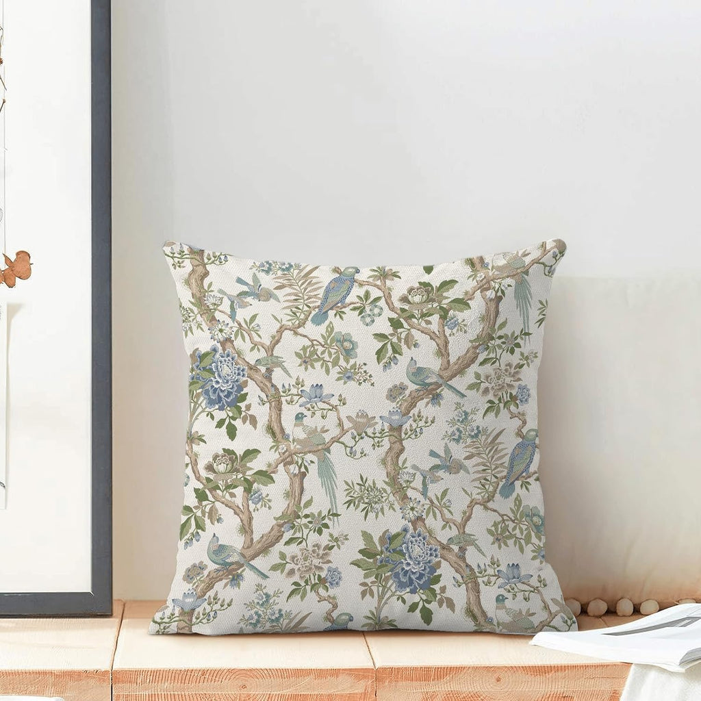CXMEIFLY Chinoiserie Spring Pillow Covers 22 x 22 Inch Set of 2 for Blue Sage Green Vintage Flowers Bird Decor Throw Pillows Plant Farmhouse Outdoor Decorative Cushion Cases for Couch Bed Decorations