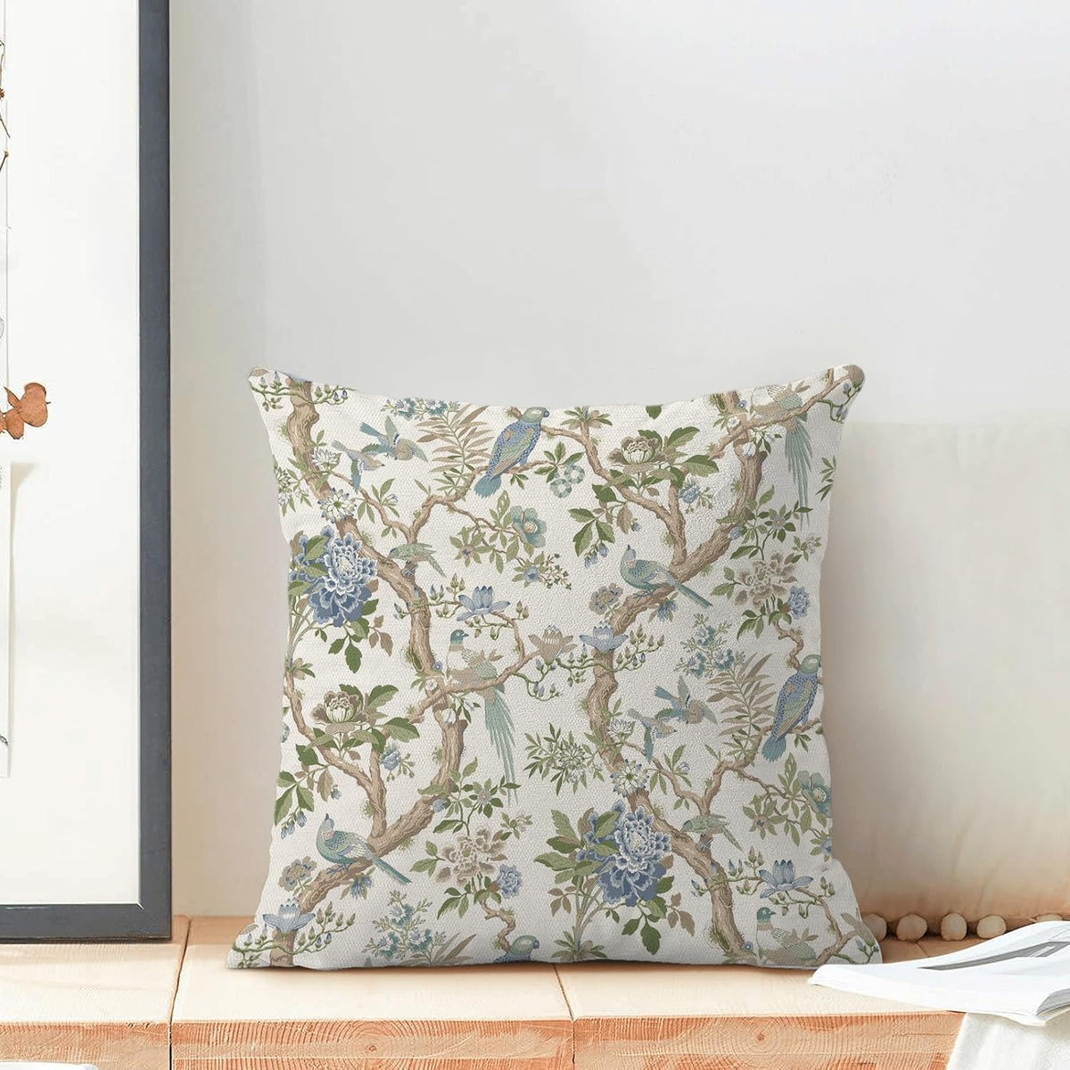 CXMEIFLY Chinoiserie Spring Pillow Covers 18 x 18 Inch Set of 2 for Blue Sage Green Vintage Flowers Bird Decor Throw Pillows Plant Farmhouse Outdoor Decorative Cushion Cases for Couch Bed Decorations