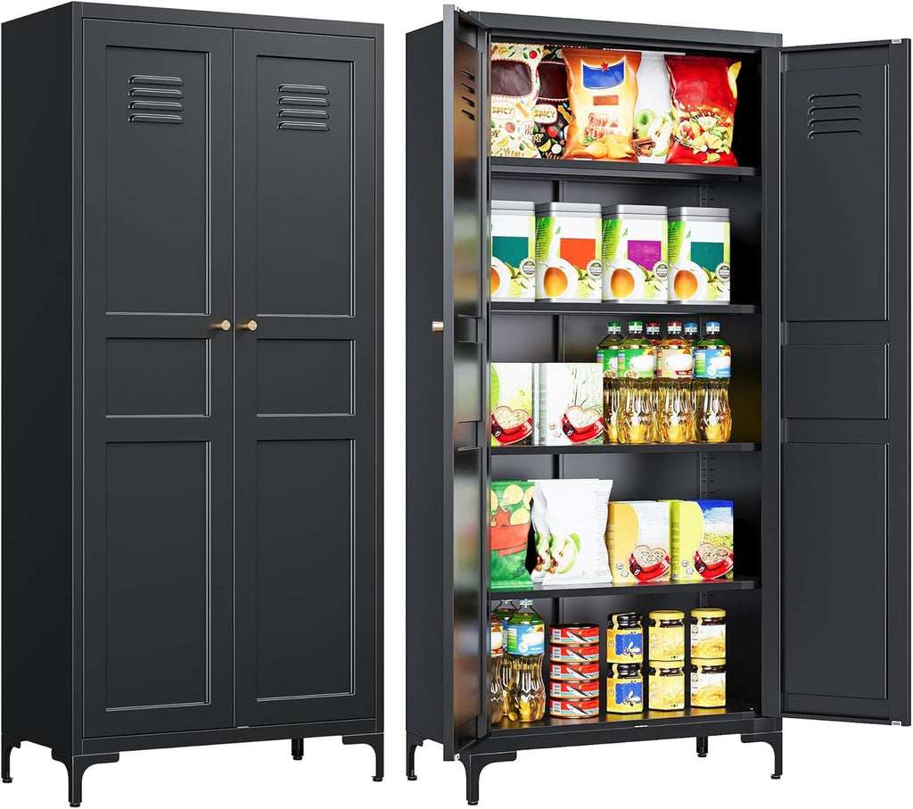 Metal Storage Cabinet with Doors and Shelves,Black Storage Cabinet with Leg,Metal Pantry Cabinets,Ventilated Pantry Closet,Tall Large Cupboard for Home,Kitchen,Dining/Living/Laundry Room
