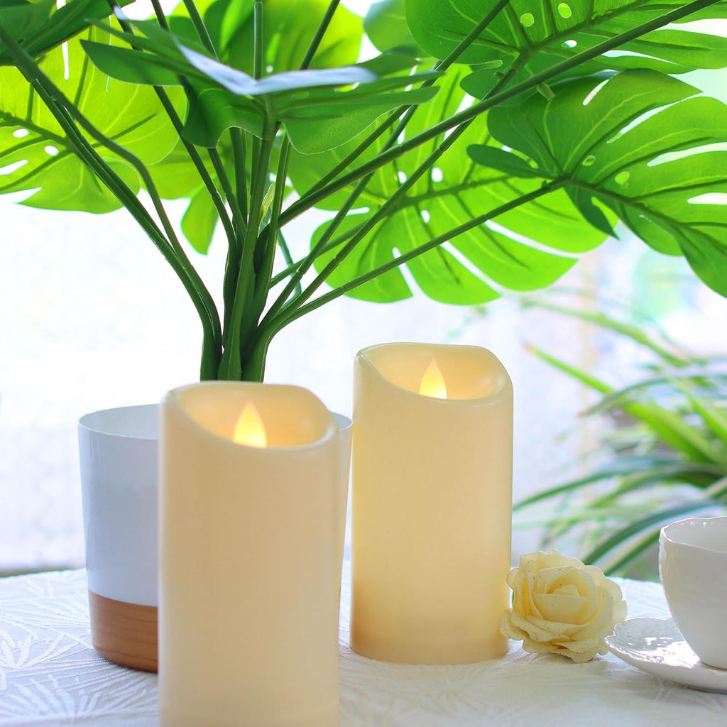 CANDLE CHOICE Waterproof Outdoor Battery Operated Flameless Candles with Timer Flickering Plastic Resin Electric LED Pillar Lights for Lantern Patio Garden Wedding Party Decorations 3x5 Inches 2 Pack
