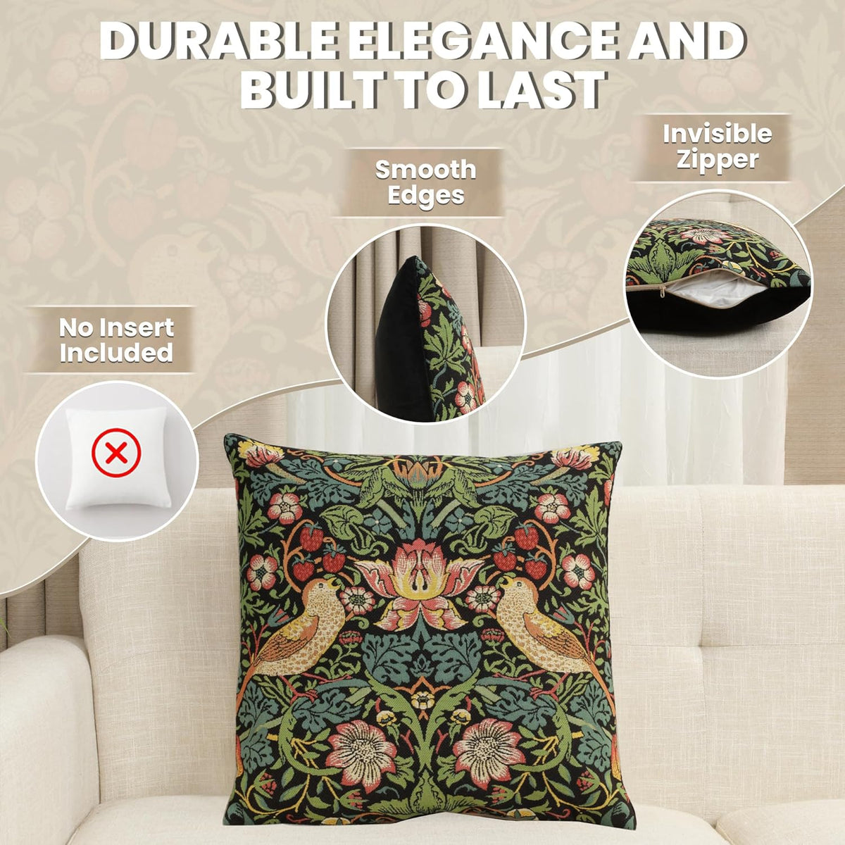 Charlotte Home Furnishings Throw Pillow Covers, Decorative Boho Pillow Covers for Couch, Living Room, Black Strawberry Square Cushion Cases 18x18 in, European Cotton Jacquard Woven, Cozy Bedroom Decor