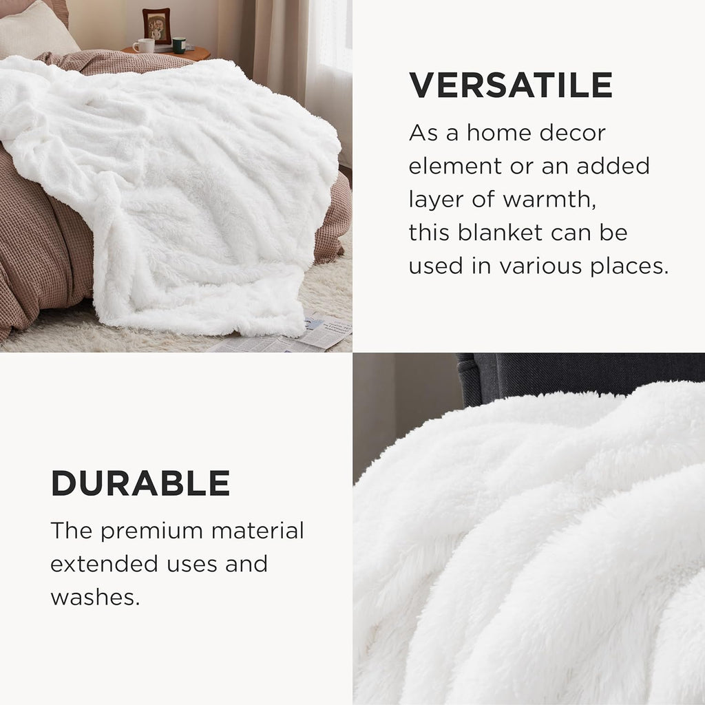 Bedsure GentleSoft Fluffy White Blankets Queen Size for Bed, Thick Sherpa Faux Fur Fleece Fuzzy Plush Winter Warm Heavy Soft Queen Blankets, Bedroom Decor White Gifts Cozy Gifts for Women Men, 90x90