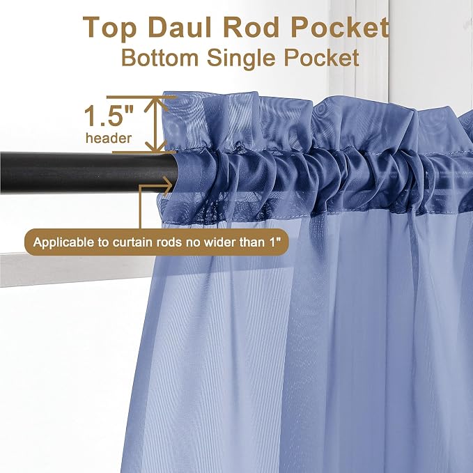 Chyhomenyc Sheer Curtains 63 Inch Length 2 Panels, Royal Blue | Light Filtering - Image 2