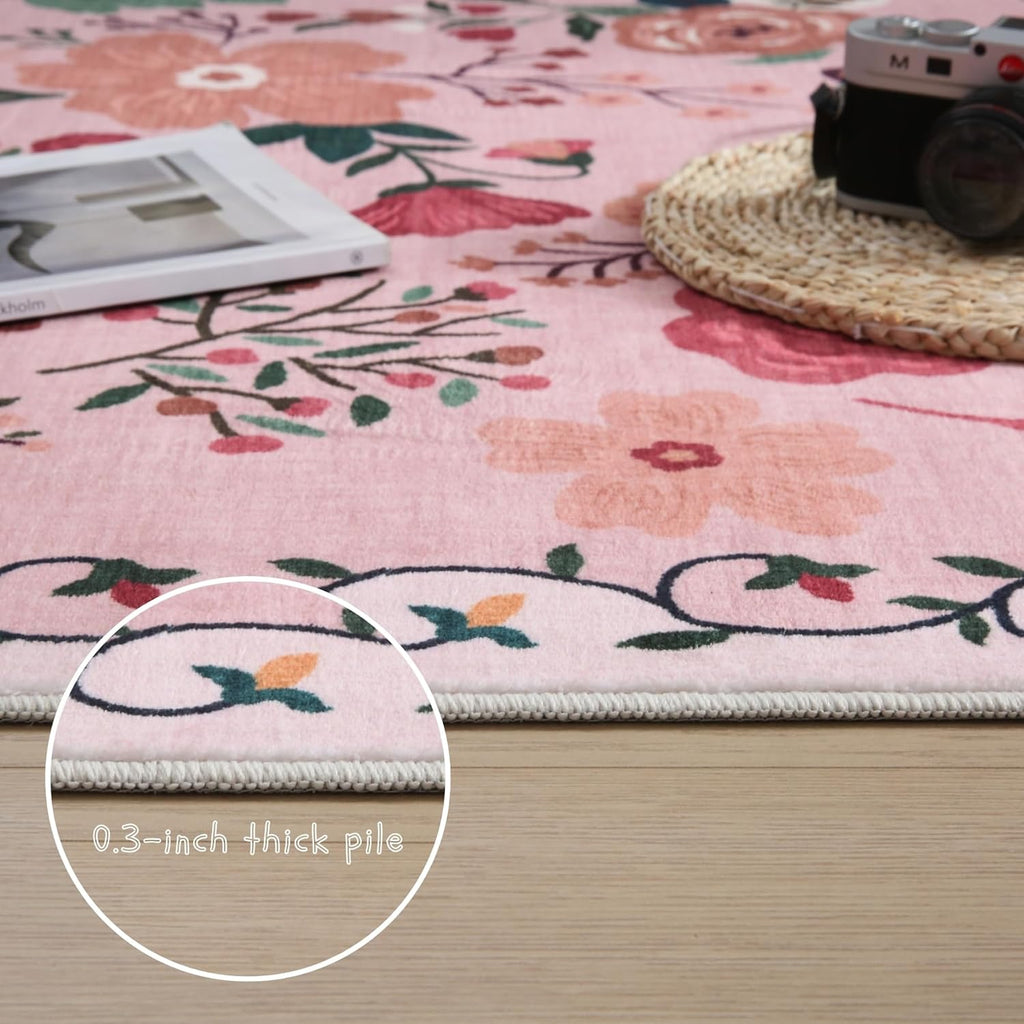 Bedroom Rug 3x5 Rug Washable Area Rug Non Slip Low Pile Boho Floral Small Carpet for Bedroom, Bedside, Kitchen, Entryway, Kids Room, Office, College Dorm Essentials for Girls(Pink)