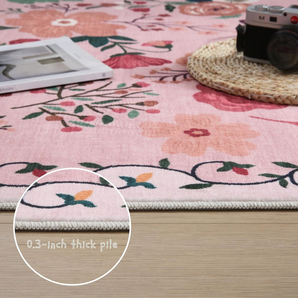 Bedroom Rug 3x5 Rug Washable Area Rug Non Slip Low Pile Boho Floral Small Carpet for Bedroom, Bedside, Kitchen, Entryway, Kids Room, Office, College Dorm Essentials for Girls(Pink)