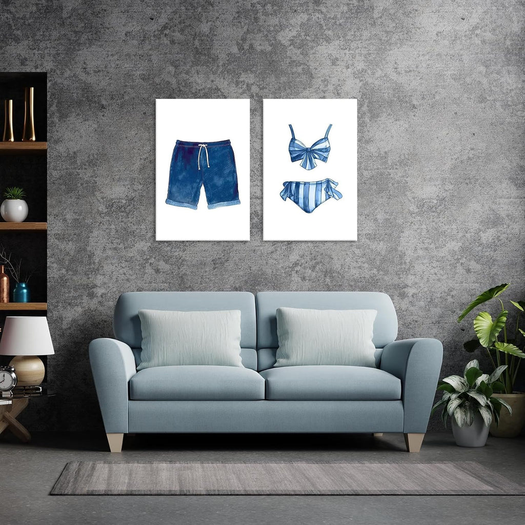Liyark Set of 2 Retro Navy Blue And White Swimsuit Art Posters Beach Bathing Suit Prints Painting Beach House Wall Art Coastal Wall Decor Pictures For Bathroom Home Decoration 12x16in Framed