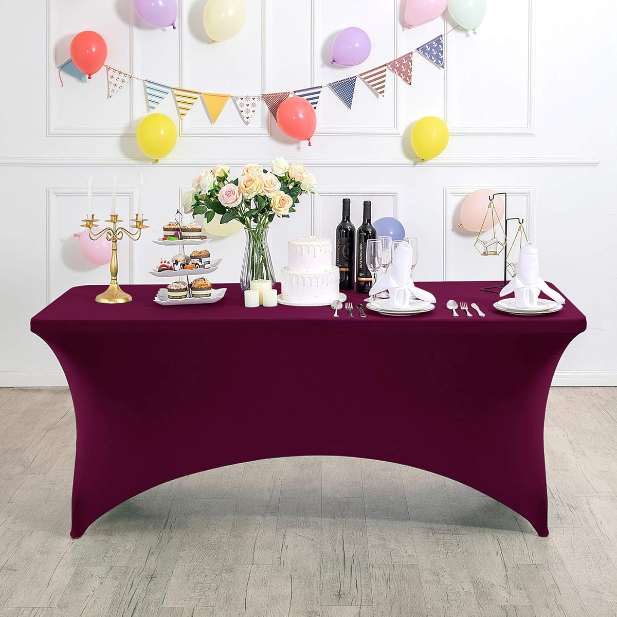 2Pack Spandex Table Cover for 4FT or 6ft or 9ft Table Universal Fitted Stretch Tablecloth for Party, Banquet, Wedding and Events-Burgundy