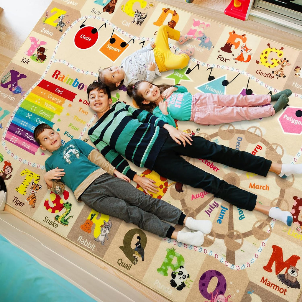 6x9 Playroom Rugs for Kids Washable, Educational and Fun Playmat with ABC Alphabet Animals Shapes Colors, Non-Slip Play Mat Learning Rugs for Baby Toddler Children Game Activity，Beige, Pink