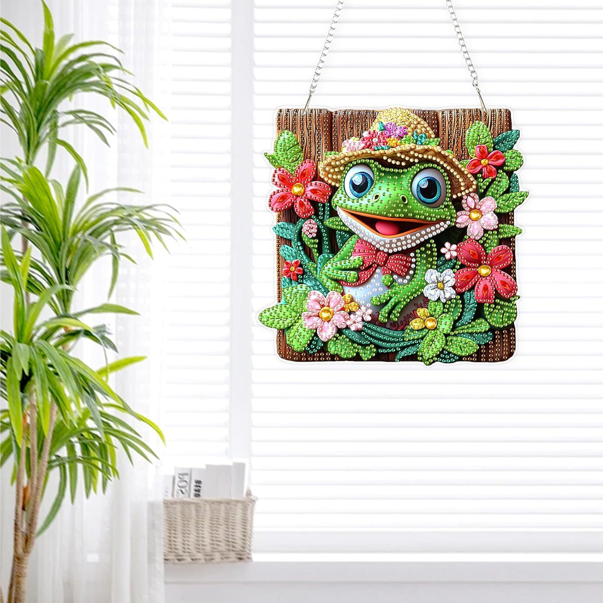 Lxmsja DIY Cute Frog Diamond Painting Hanging Ornament, Double-Sided Acrylic Flowers Diamond Art Kit, Special Shaped Drill Pendant Window Art Kit, Suncatcher Hanging Craft Decoration 8x8 inch