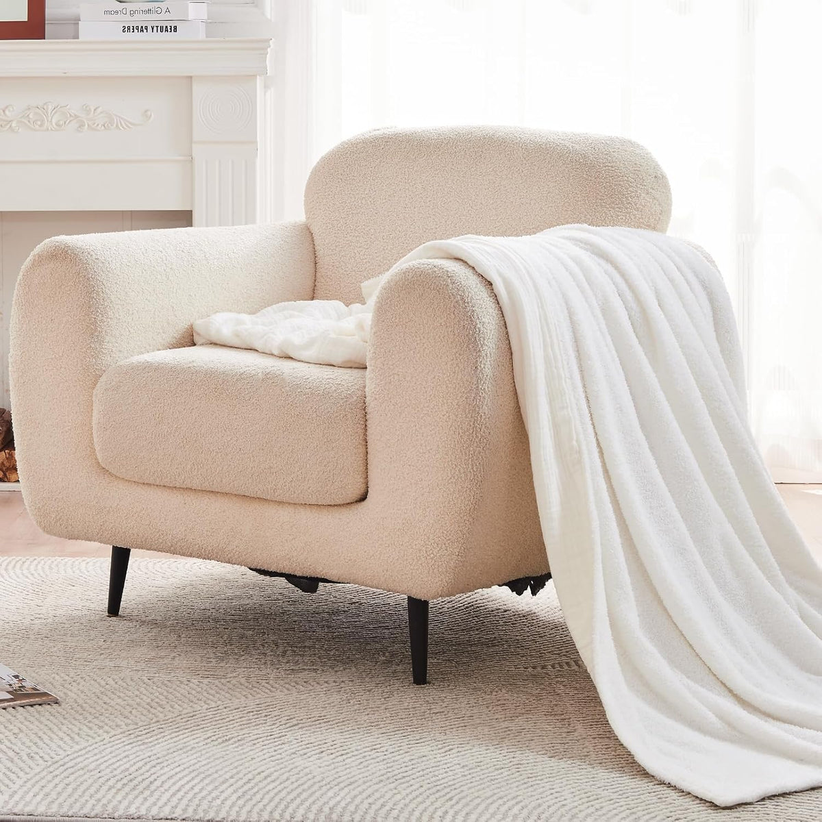 EMME Muslin and Fleece Queen Blanket Reversible - 80"*90" Cream Soft Warm Throw Blankets for Couch Bed Picnic Travel Bed