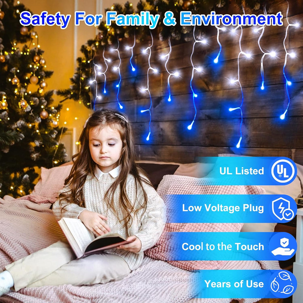 504LED 50ft Christmas Lights, 112Drops 12 Modes Christmas String Lights Outdoor Dimmable, Waterproof Christmas Decorations Fairy Lights with Timer Memory for Party Patio Window Fence Blue & CoolWhite