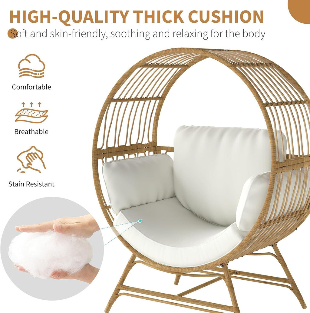 Egg Chair Outdoor Indoor, Oversized Rattan Chair with Thicken Cushion, 350LBS Capacity Wicker Patio Lounge Chair, Basket Chair for Living Room Balcony Porch Backyard, Beige