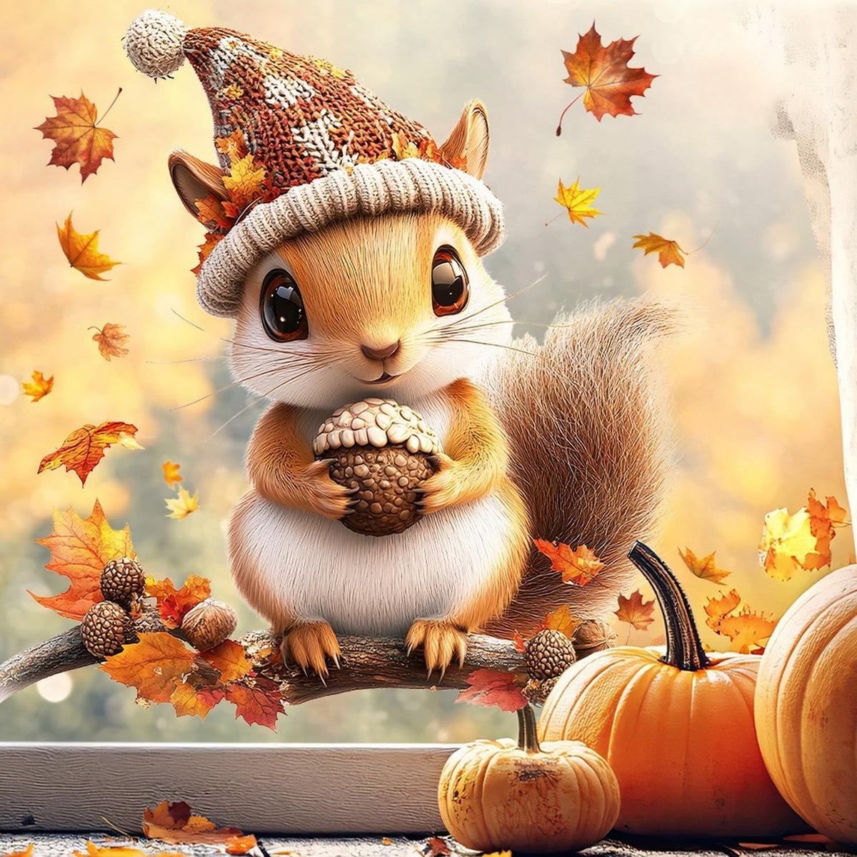 Fall Window Clings for Glass Thanksgiving Static Cling Window Decals 1PCS Cute Squirrel Maple Leaves Autumn Reusable Window Stickers Home School Office Decorations