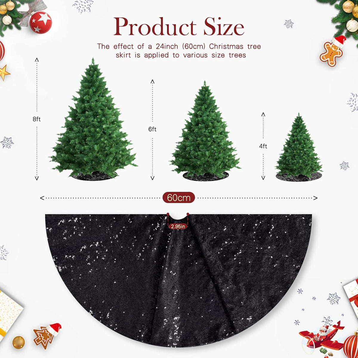 Glitter Black Tree Skirt 24 Inches Sequin Fabric Xmas Small Tree Skirt Tabletop Tree Christmas Halloween Party Ornaments