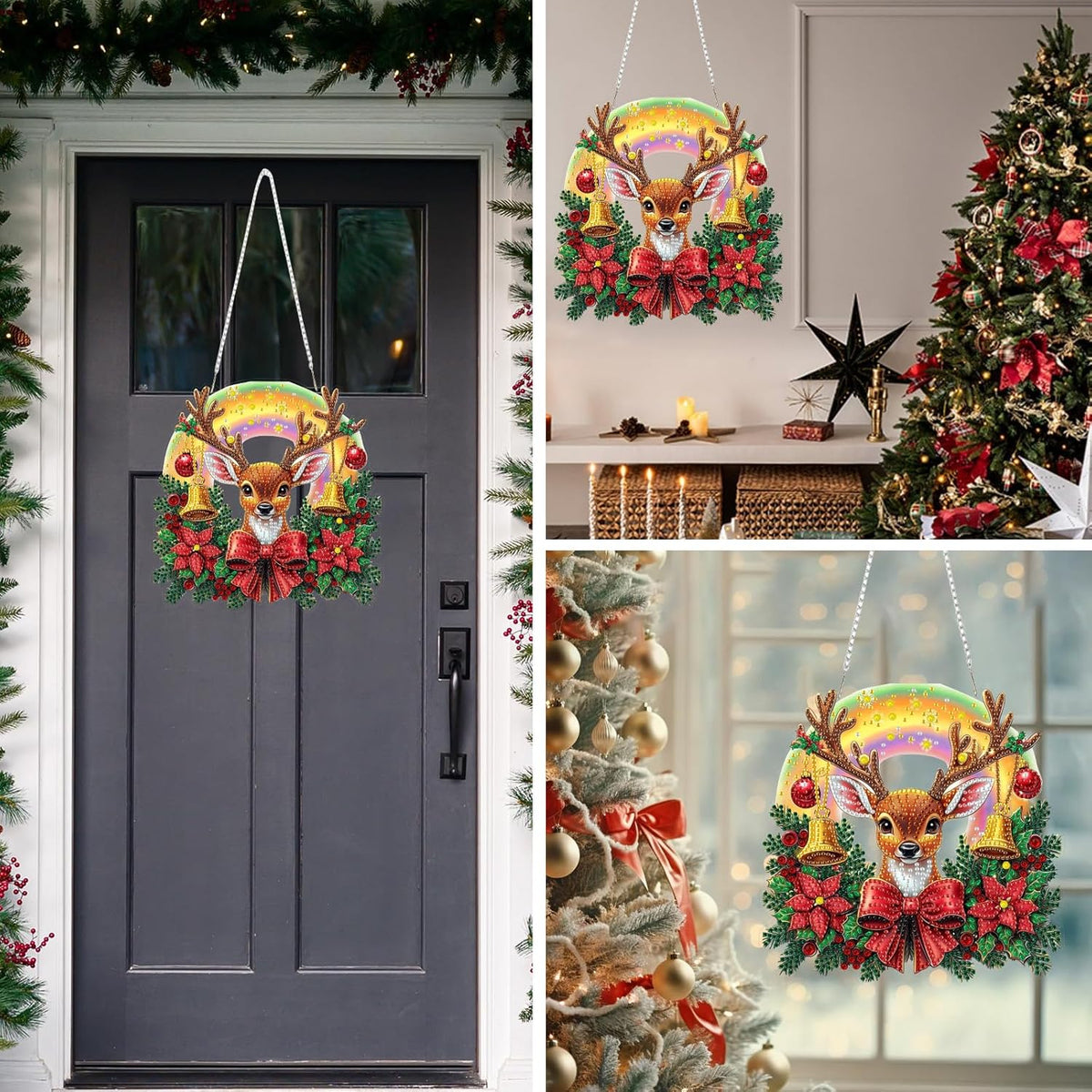 MEIYUDA Christmas Hanging Diamond Art Kits for Adult, Deer Diamond Painting Hanging Kits Ornaments, DIY Special Shaped Rhinestone Window Pendants kit for Home Garden Wall Decor Gift
