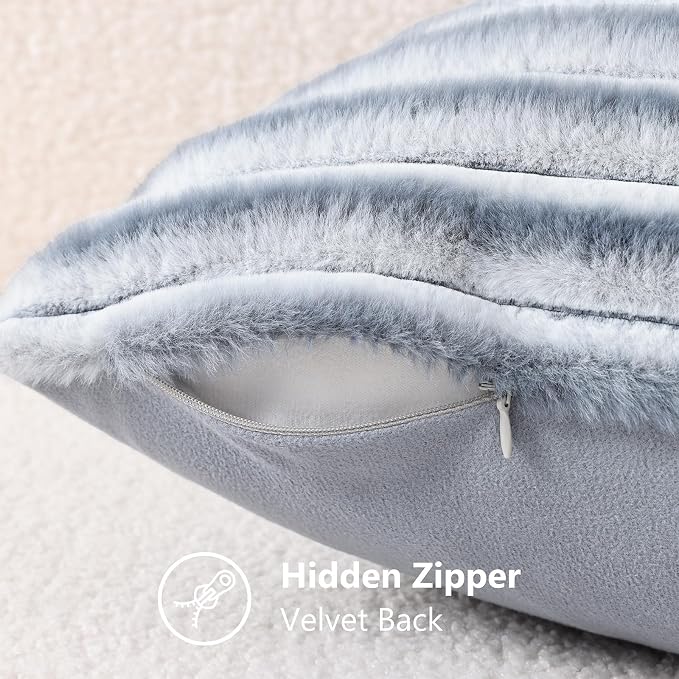 decorUhome Fall Faux Fur Throw Pillow Covers 18x18 Set of 2 Grey White | - Image 8
