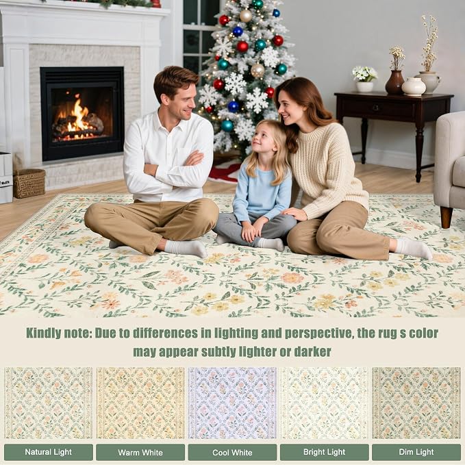 PLHXFR 8x10 Area Rug Living Room: Floral Washable Boho Carpet Beige Multi | - Image 9