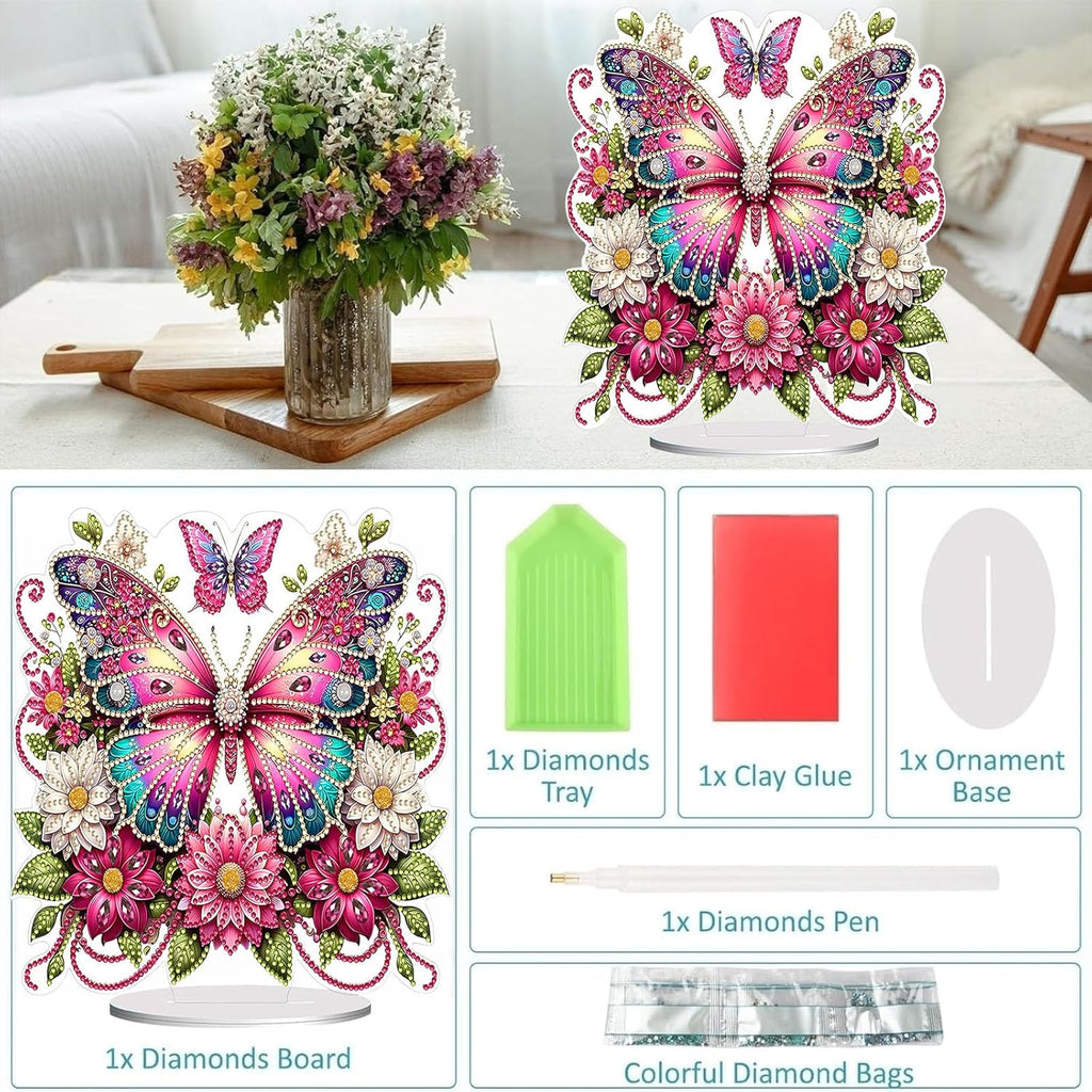Diamond Painting Kits for Adults Beginners, 5D Full Drill Flowers and Butterfly Crystal Art Desktop Ornament, DIY Single Sided Home Office Desk Decor, Creative Craft Gift Set with Tools