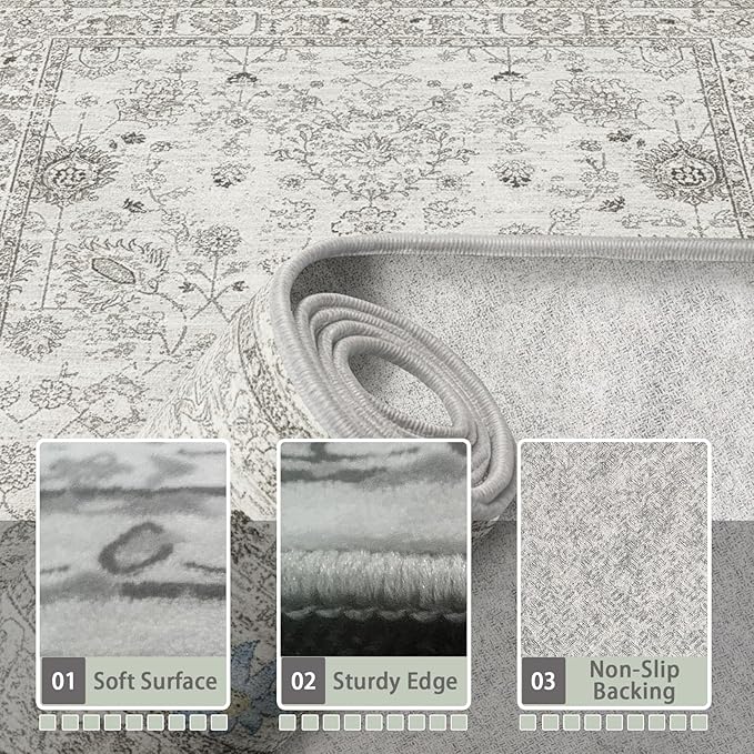 Grey Floral Hallway Runner Rug for Kitchen Bathroom 2'6''x14' | Ultra-Thin; Non - Image 2