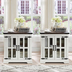 Farmhouse End Table with Charging Station,24" Large Side Table with Glass Barn Door, Rustic Wood Nightstand Bedside Table with Adjustable Storage Shelf for Living Room, Bedroom,White,2 Pack