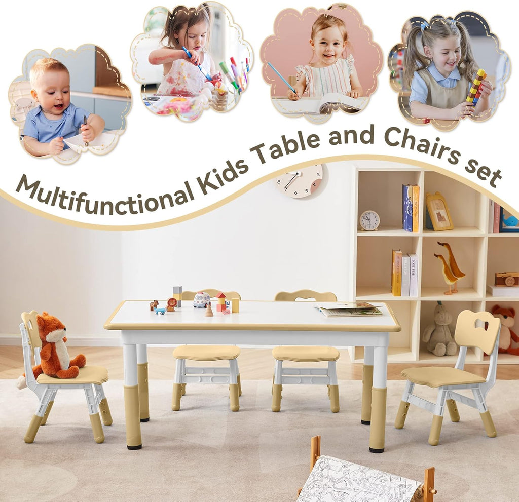 Kids Study Table and Chairs Set, Height Adjustable Toddler Table and Chair Set for Kids Ages 3-8, Graffiti Desktop (Light Brown)