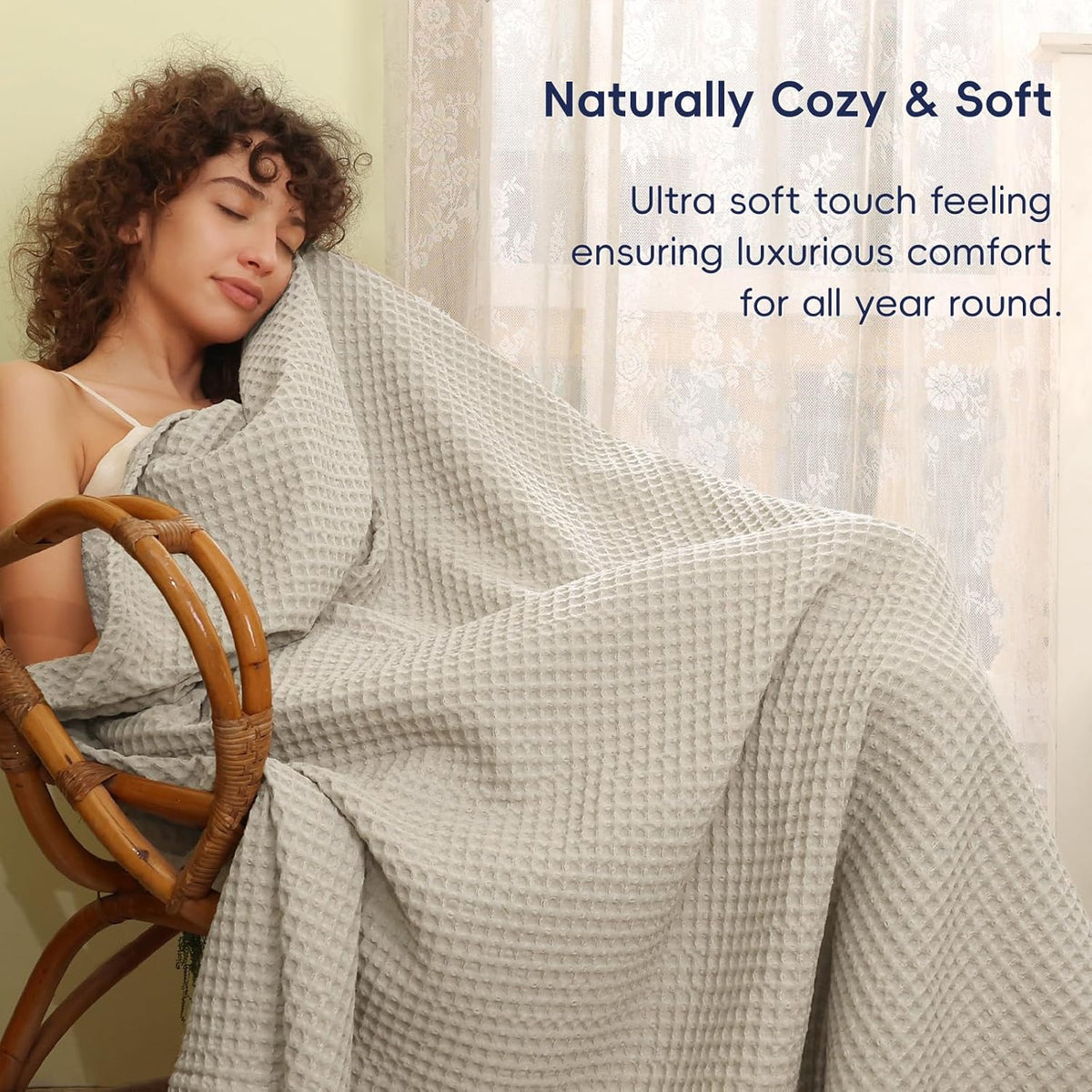 PHF Ultra Soft Waffle Weave Blanket Queen Size 90"x 90"- Washed Lightweight Breathable Cozy Woven Blanket for Bed - Aesthetic Decor for Couch Bedding Sofa Home Car - Light Khaki/Linen