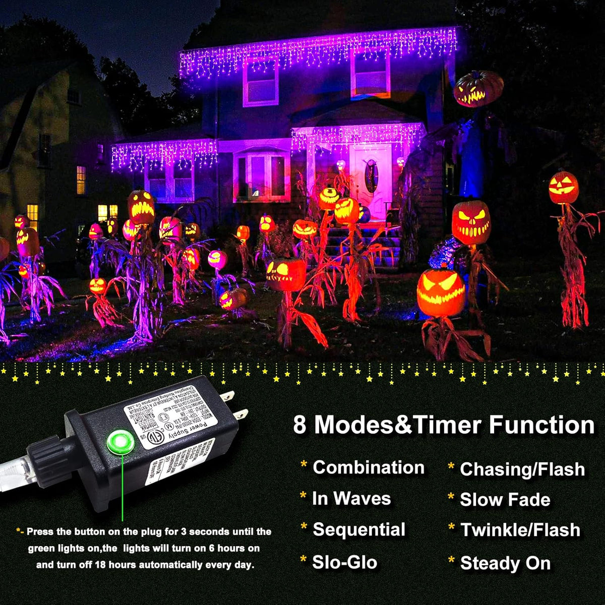 640 LED Halloween Lights Outdoor - 66ft Icicle Lights for Outside 8 Modes with 120 Drops, Waterproof Christmas Icicle Light Plug in for Indoor Outside Party Holiday Christmas Halloween Decorations