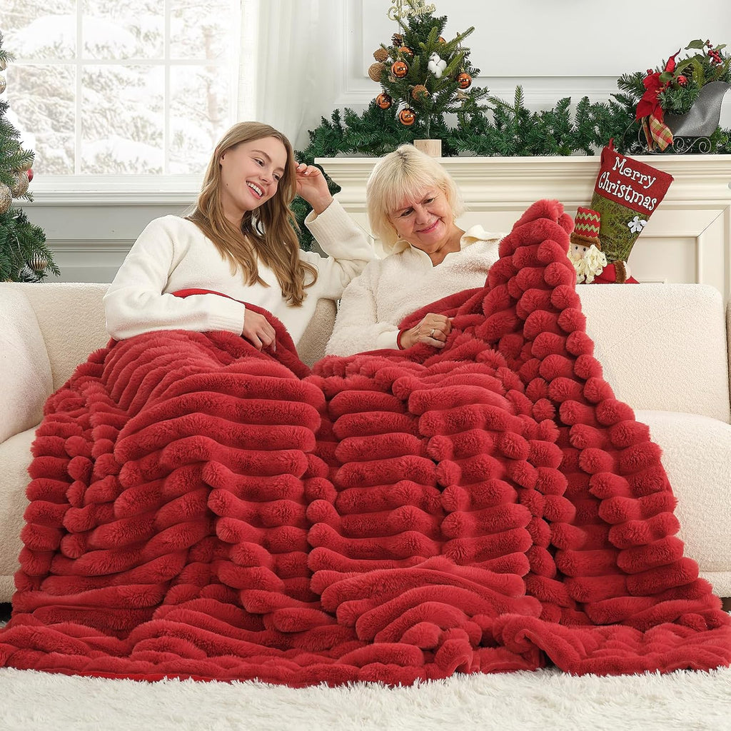 Cozy Bliss Faux Fur Throw Blanket for Couch, Cozy Warm Plush Striped Blanket for Sofa Bedroom Living Room,60 * 80 Inches Cardinal Red