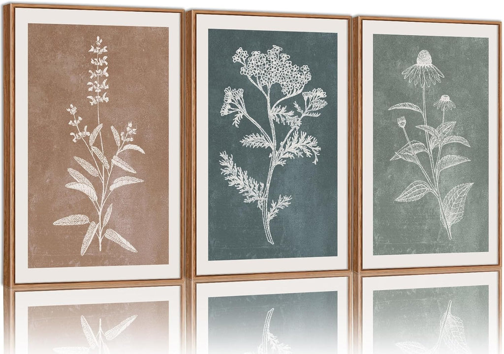 SIGNINART Neutral Botanical Framed Canvas Wall Art Set, Vintage Floral Wall Decor, Boho Minimalist Plant Wall Painting, Art Print for Farmhouse Living Room, Bedroom, Office, Bathroom 16"x24"x3