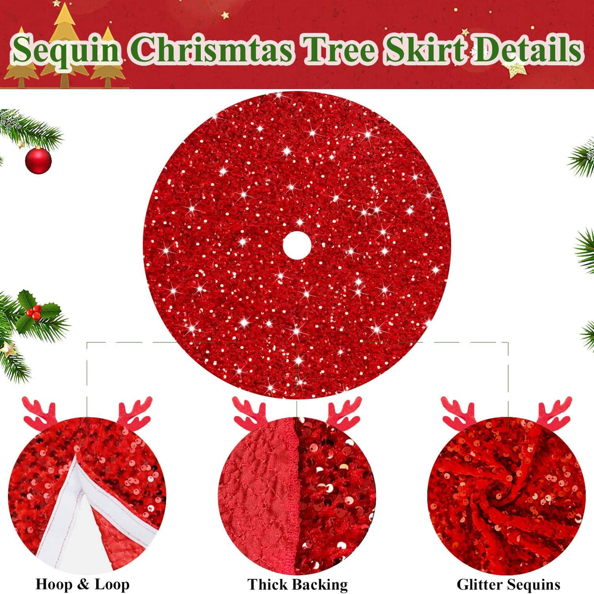 MODFUNS Sequin Christmas Tree Skirt Red Tree Skirt 46 Inch Sparkly Christmas Tree Skirt Thick Velvet Tree Mat Large Sequins Tree Skirts Collar Shimmer Tree Skirts for Christmas New Year Party
