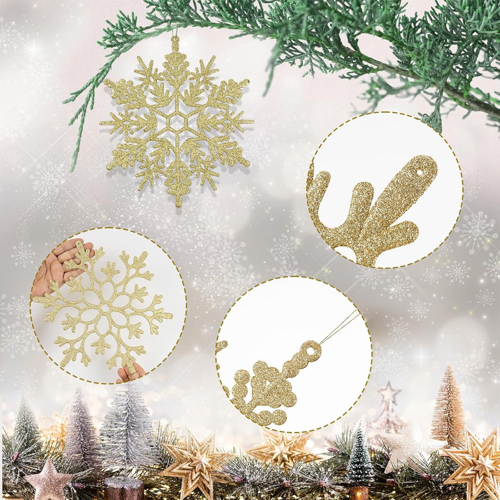 6pcs Large Gold Snowflakes Ornaments 12" Big Plastic Glitter Snowflake for Winter Indoor Outdoor Christmas Tree Window Room Decorations Giant Craft Snowflakes