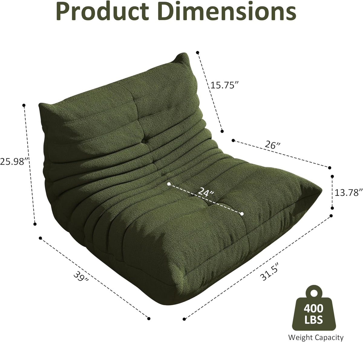 Bean Bag Chair, Oversized Bean Bag Chair for living Room, Fireside Chair for adults with Memory Foam Filled, Big Accent Sofa Lounge Floor Sofa for Gaming, Reading, Relax, No Assembly Required. (Green)