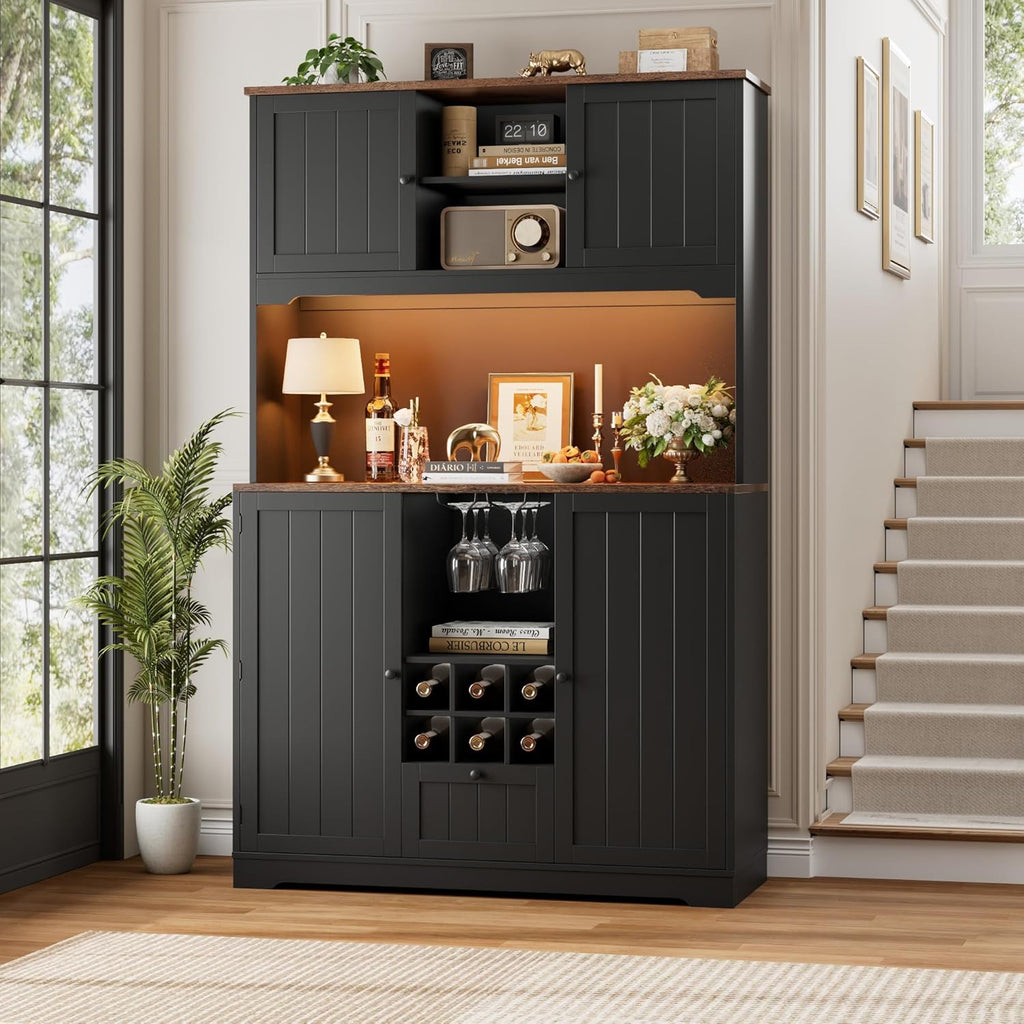 FINETONES 71" Pantry Cabinet with LED Light and Charging Station, Kitchen Pantry Cabinet with Microwave Stand, Kitchen Hutch Food Storage Cabinet with Outlet and Wine Racks, Black