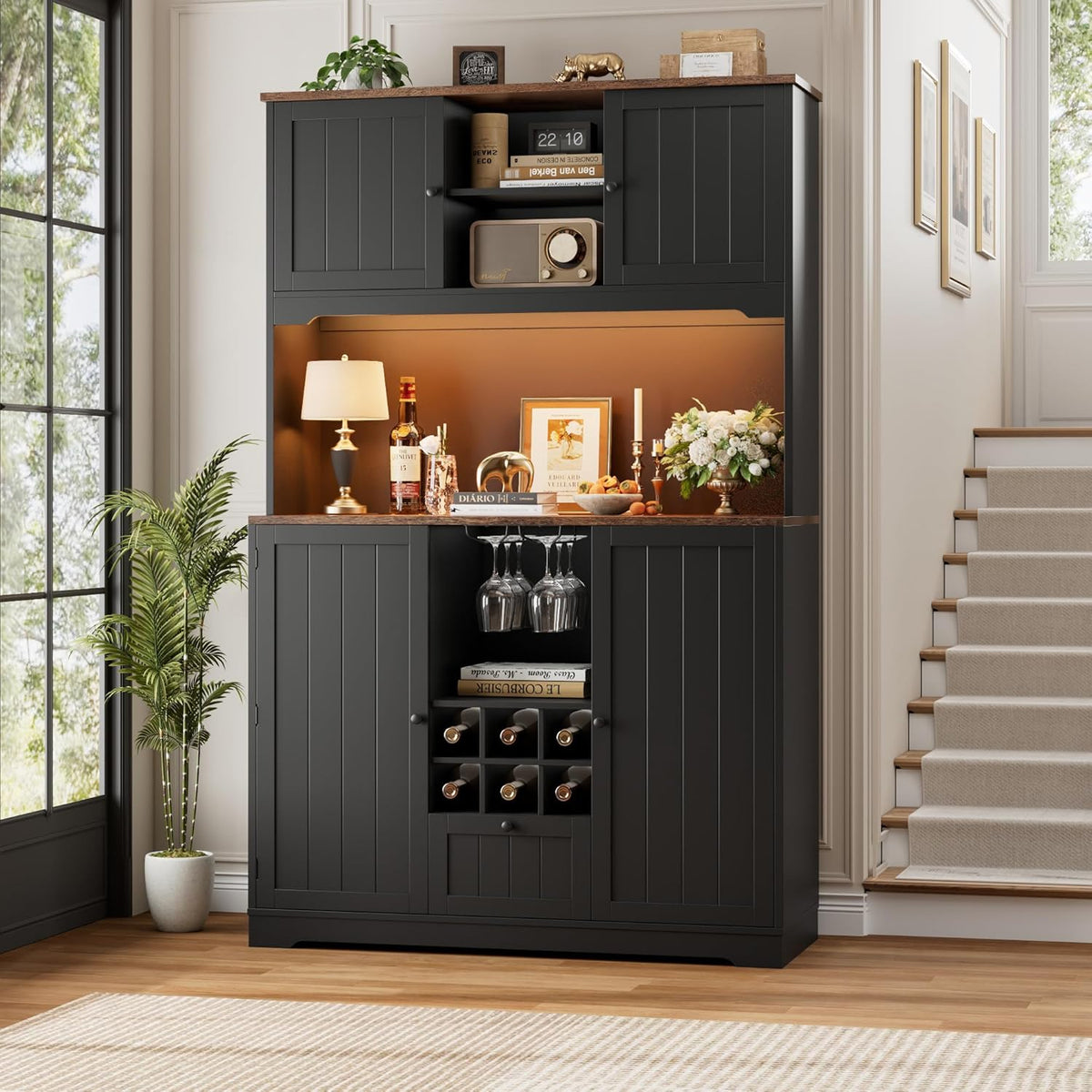 FINETONES 71" Pantry Cabinet with LED Light and Charging Station, Kitchen Pantry Cabinet with Microwave Stand, Kitchen Hutch Food Storage Cabinet with Outlet and Wine Racks, Black