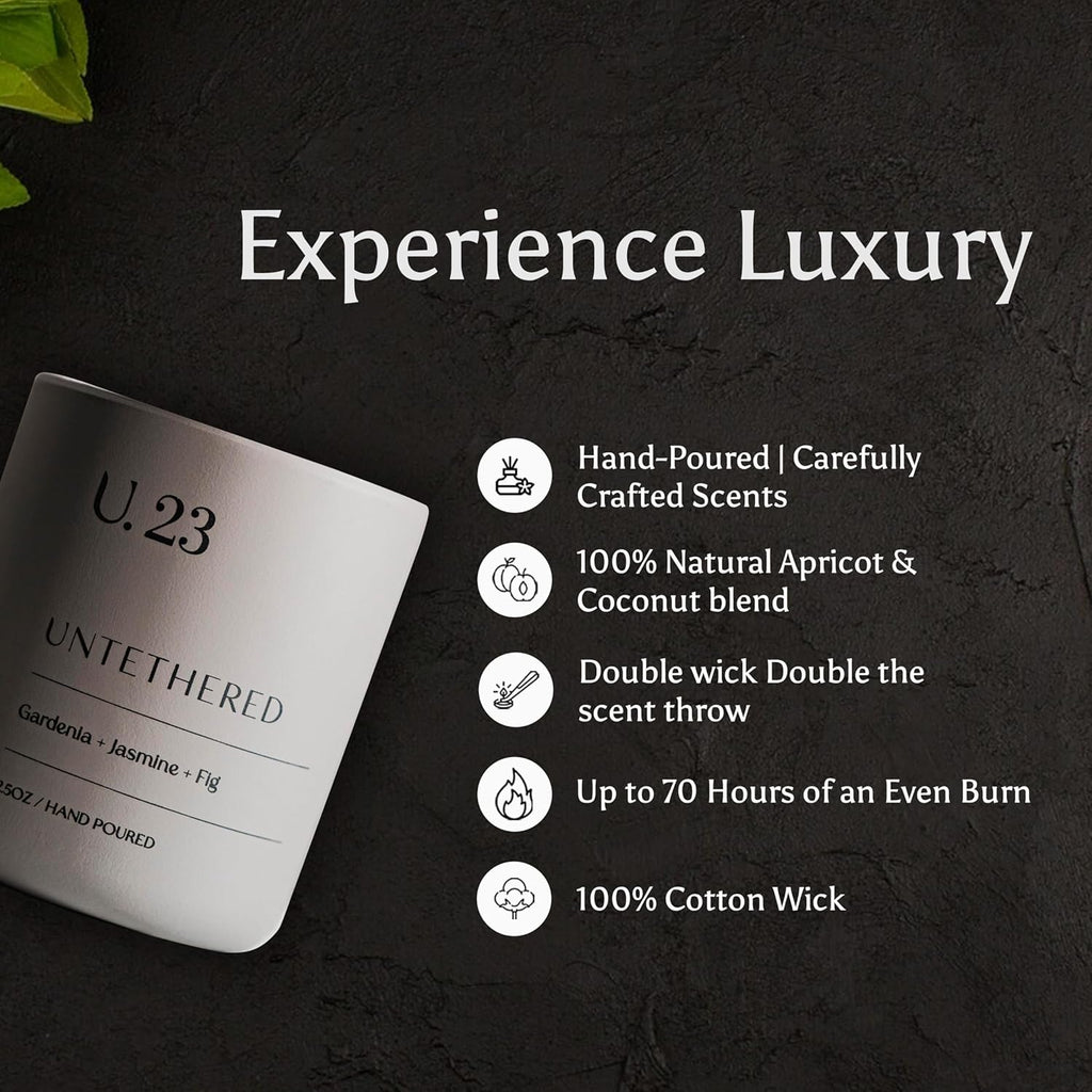 U.23 Luxury Scented Candle – Gardenia, Jasmine & Fig | Hand-Poured in USA with 100% Natural Coconut & Apricot Wax | Double Wick, Long-Lasting Aromatherapy Candle for Home, Gift & Relaxation (12.5 oz)