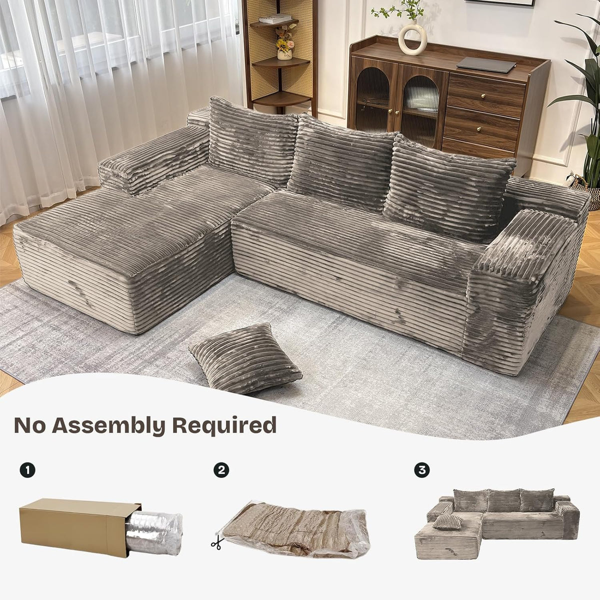 104" Modern Modular L-Shape Sofa Couch with Chaise Light Coffee Faux Rabbit Fur Cloud Sectional Couch with Deep Seat Modular Sectional Sofa No Assembly Required Upholstered Couches for Living Room