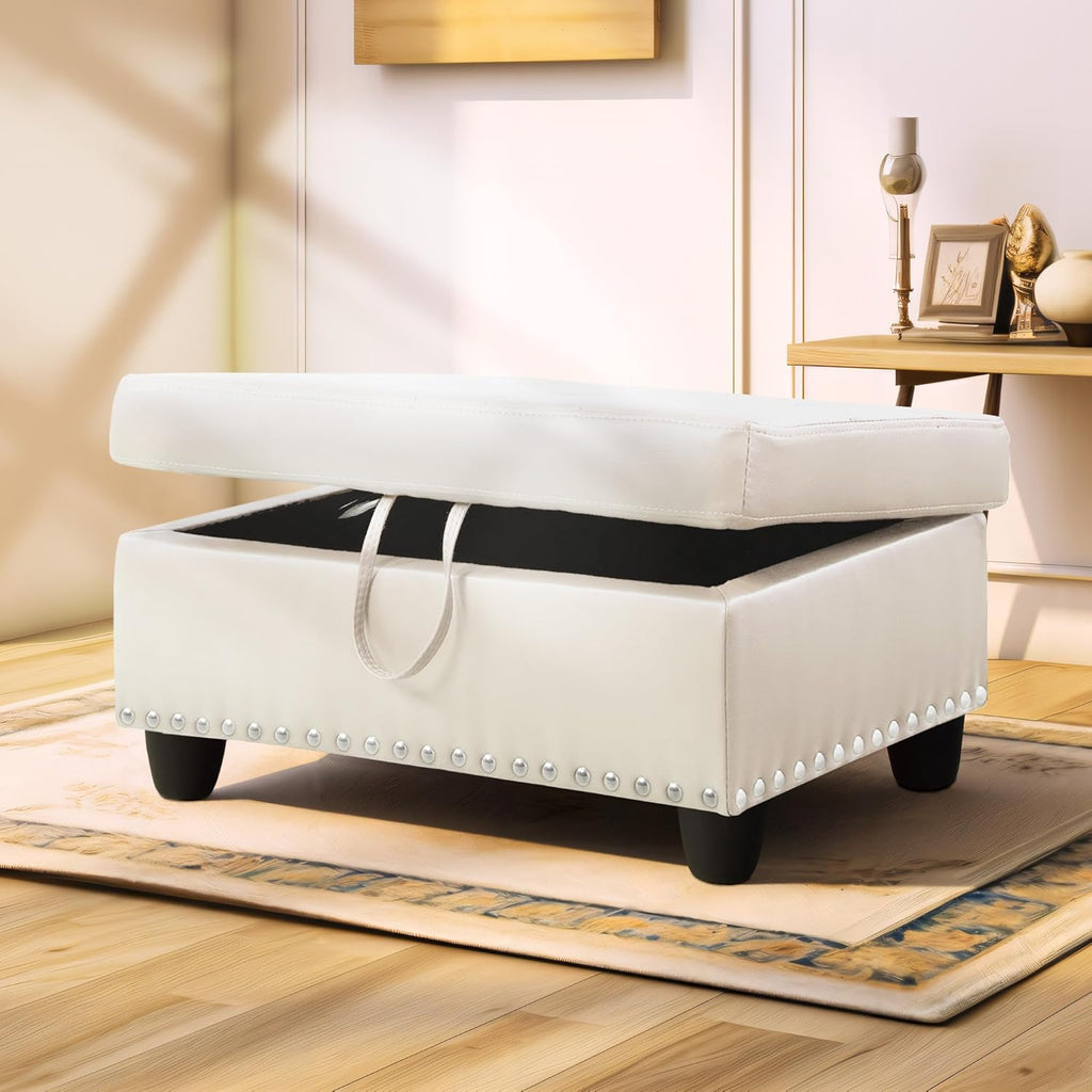 Ottoman Rectangular Storage Ottoman Bench, Faux Leather Footrest, Coffee Table, Stool Footstool with Hinged Lid for Living Room, Bedroom, Entryway, White, 28.5"x19"x17.5"