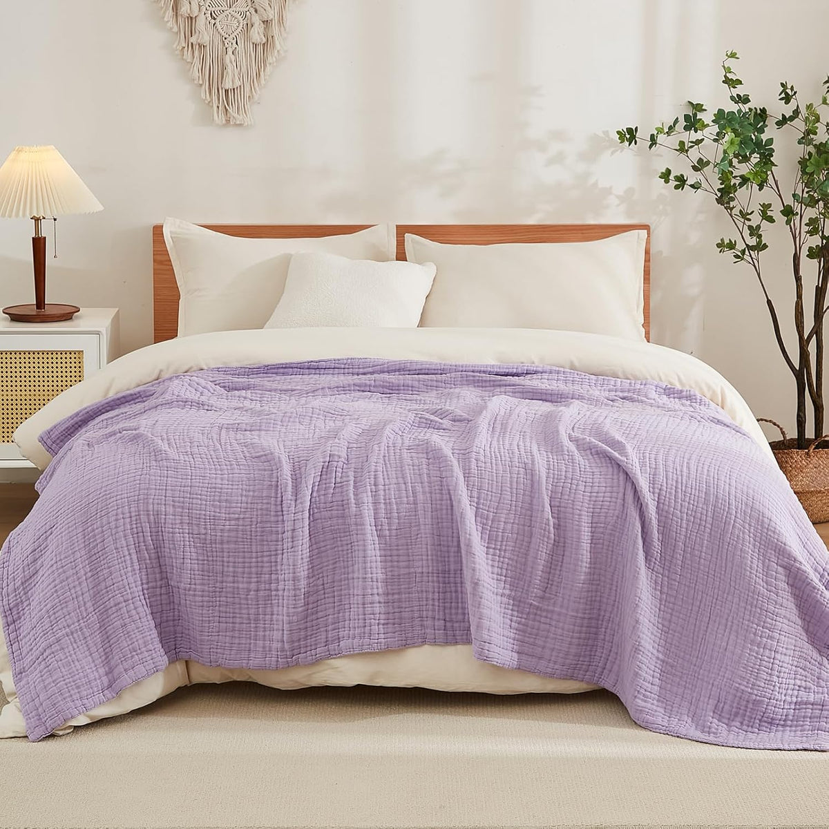 EMME Cotton Twin Blanket for Couch Soft Airy Muslin Bed Blankets Lightweight Breathable All Season Gauze, Lavender 60"x80"
