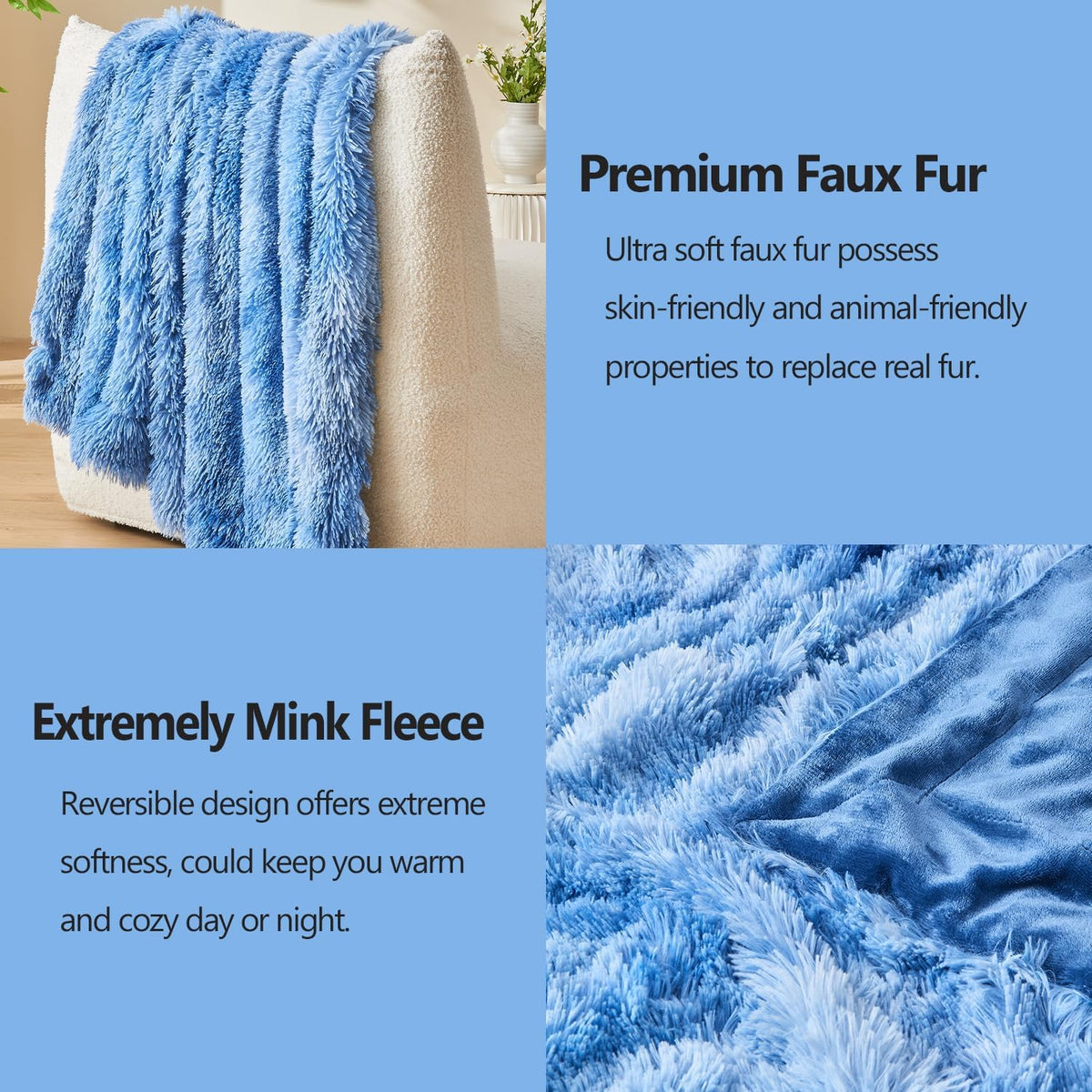 GONAAP Fuzzy Faux Fur Throw Blanket Twin Size Indigo Super Soft Cozy Plush Fuzzy Shaggy Blanket for Couch Sofa Bed (Indigo, Twin(60"x80"))