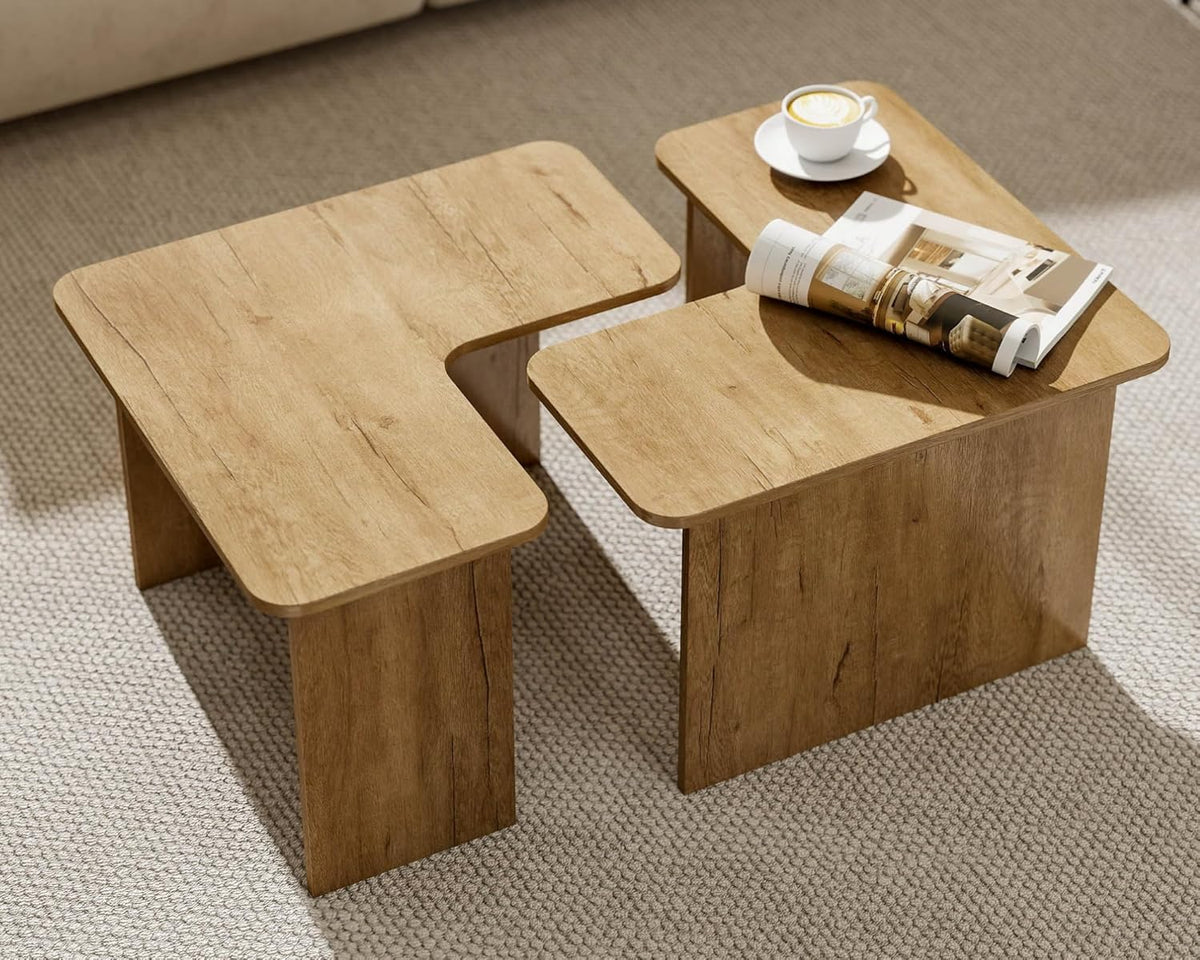 VESCASA Modern L Shaped Nesting Coffee Table Set of 2 Modular Rectangle Walnut Wood Table for Living Room