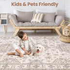Washable Area Rugs for Living Room -10x13 Neutral Vintage Distressed Floral Farmhouse Boho Large Soft Floor Rug Indoor Non Slip Carpet for Living Room Bedroom Dining Room Office-Beige Brown