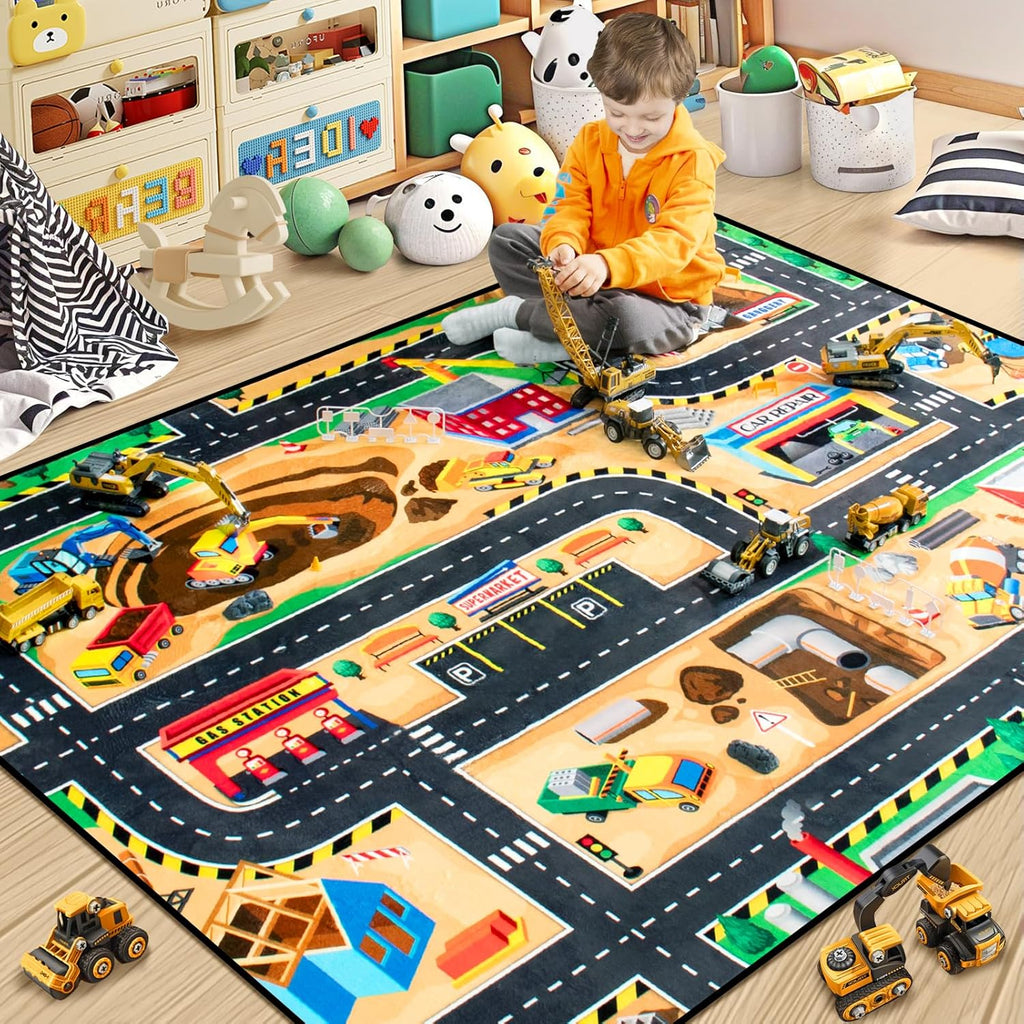 Kids 5x7 Ft Construction Site Play Rug, Baby Play Mat, Tufted Wool & Rubber, Non-Slip, Stain & Fade Resistant, Machine Washable, Rustic Cartoon Construction Site Pattern