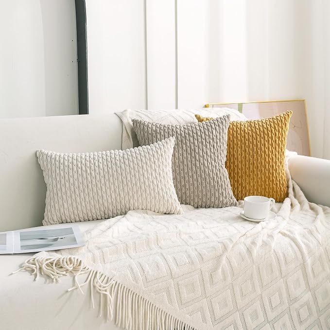 Set of 4 Cream White Decorative Throw Pillow Covers 12x20 Inch Corduroy Pillow - Image 3