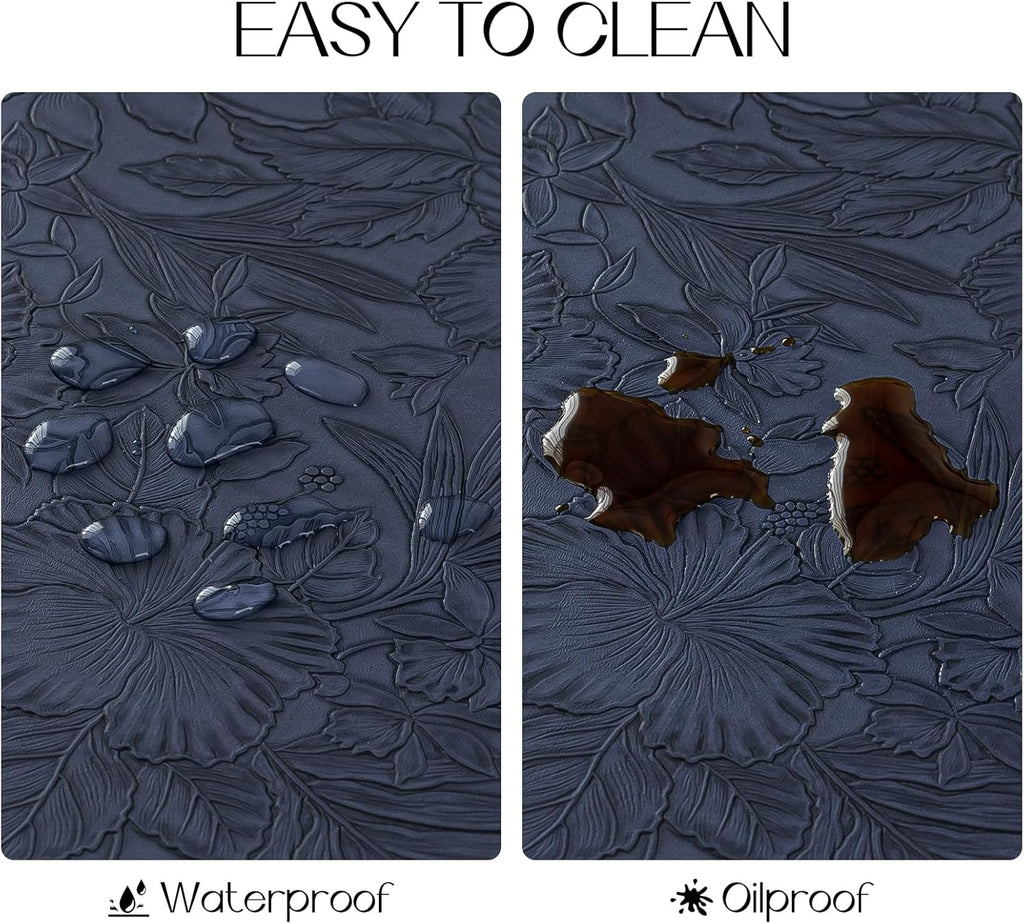 Romanstile Vinyl Placemats Set of 8-12 X 18 Inch - Heat Resistant Non-Slip Embossed Floral Place Mats 100% Waterproof Oilproof Wipeable Faux Leather Table Mats for Kitchen/Dining/Party, Navy Blue