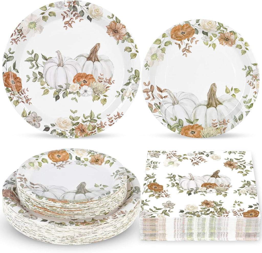 150Pcs Fall Paper Plates and Napkins Party Supplies Autumn Thanksgiving Disposable Plates Napkin White Pumpkin Plates Tableware Set for Fall Decor Thanksgiving Party Supplies,Serve 50 Guests
