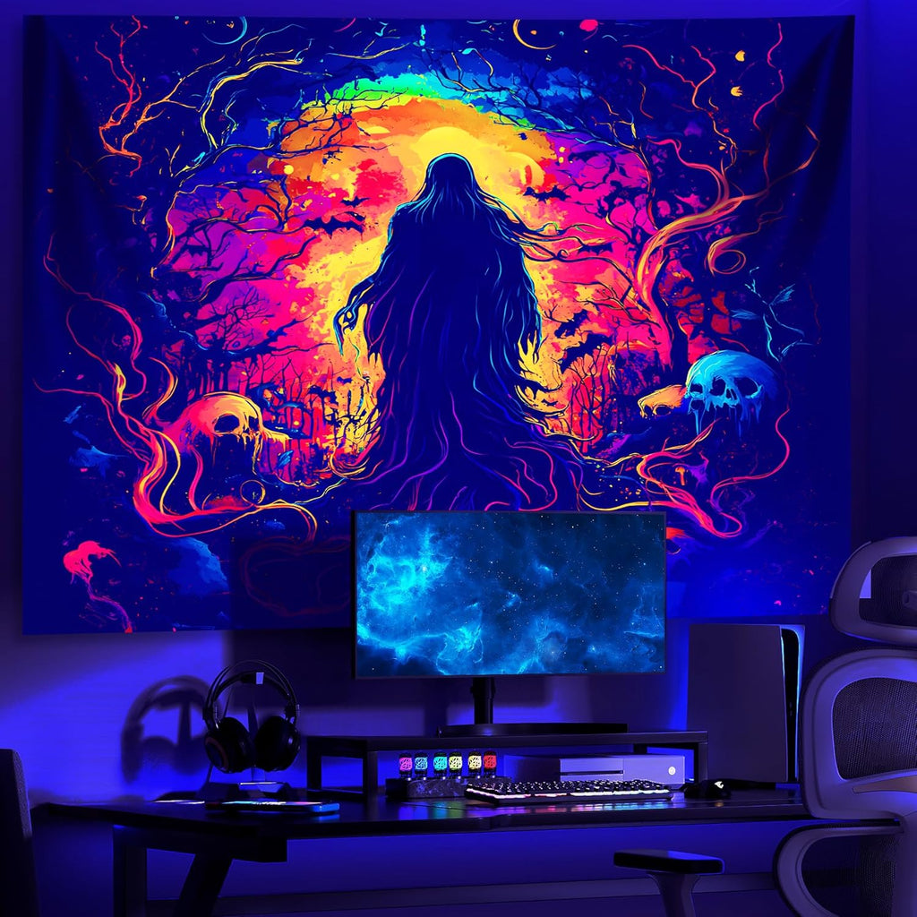 AOHMPT Glow-in-the-Dark Halloween Tapestry - UV Reactive Black Light Wall Hanging Decor for Spooky Parties, Bedroom, Living Room (Shaman, 59" L x 51" W, Unframed)