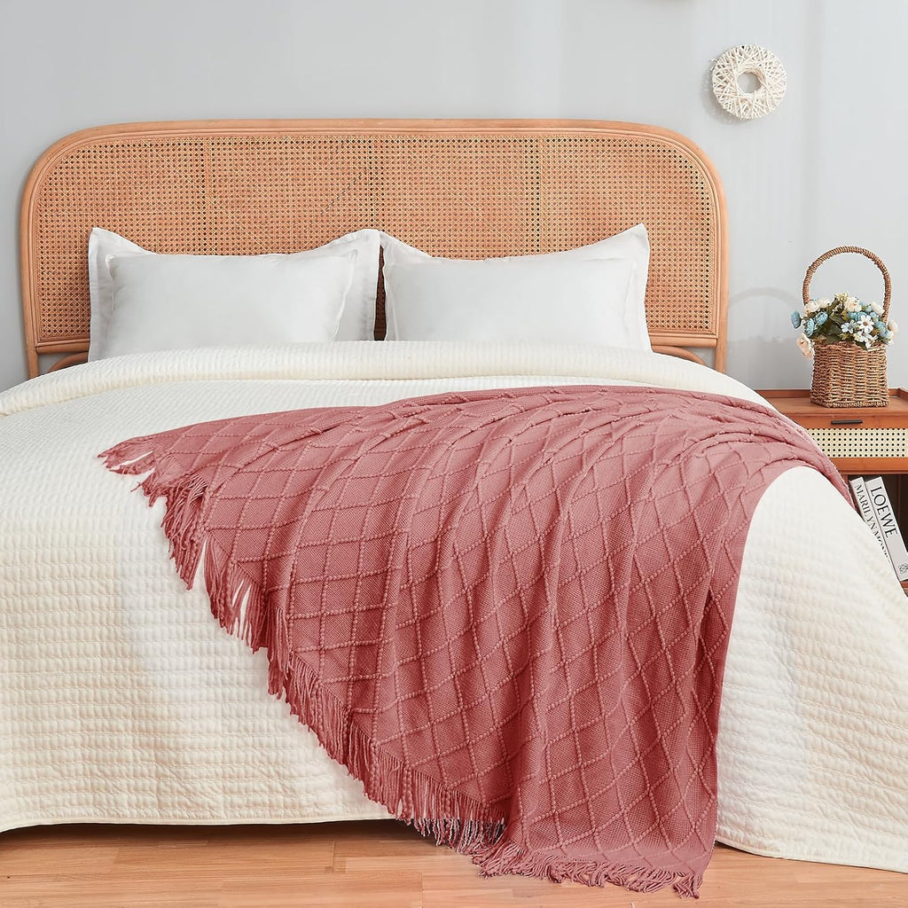 inhand Knitted Throw Blankets for Couch and Bed, Soft Cozy Knit Blanket with Tassel, Coral Pink Lightweight Decorative Blankets and Throws, Farmhouse Warm Woven Blanket for Men and Women, 60"x80"