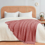 inhand Knitted Throw Blankets for Couch and Bed, Soft Cozy Knit Blanket with Tassel, Coral Pink Lightweight Decorative Blankets and Throws, Farmhouse Warm Woven Blanket for Men and Women, 60"x80"