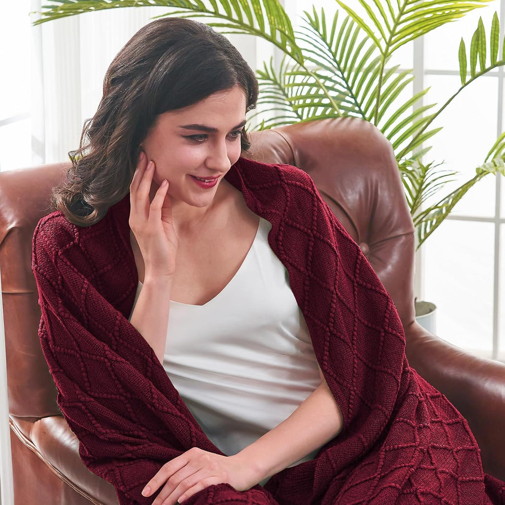 inhand Knitted Throw Blankets for Couch and Bed, Soft Cozy Knit Blanket with Tassel, Claret Lightweight Decorative Blankets and Throws, Farmhouse Warm Woven Blanket for Men and Women, 60"x80"